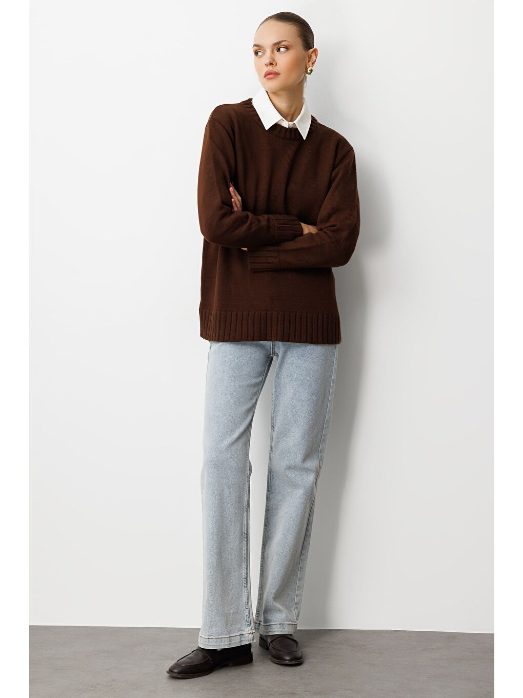 Yuvarlak Yaka Oversize Kahverengi Triko Kazak-3