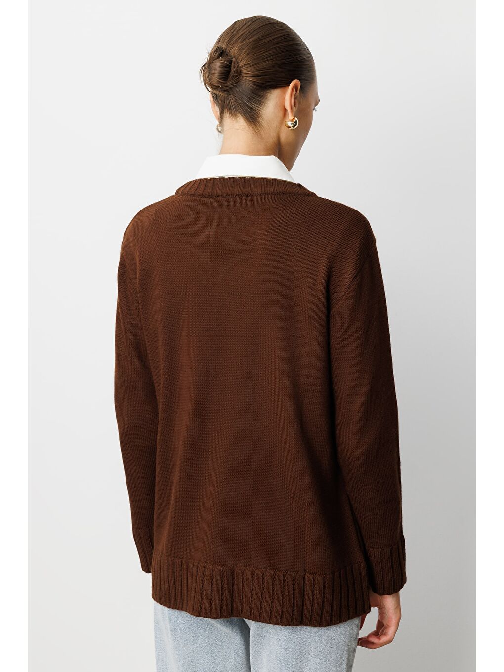 Yuvarlak Yaka Oversize Kahverengi Triko Kazak-4