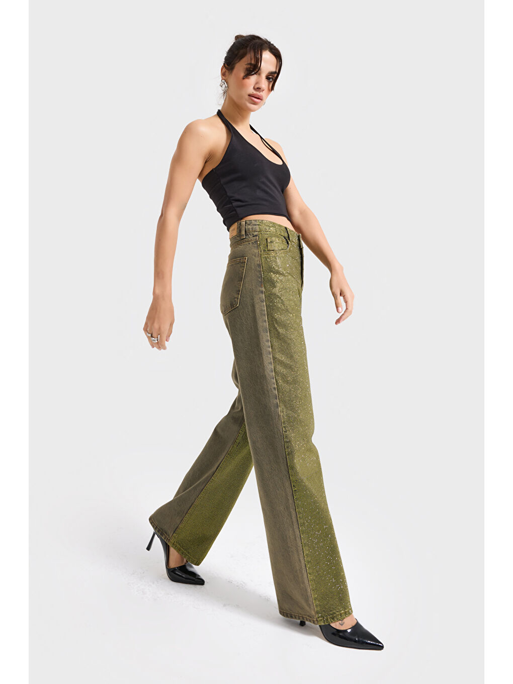 Kadın Yeşil T-3w5-141 Straight Fit Ful Parlak Taşlı Özel Tasarım Denim Jean-3