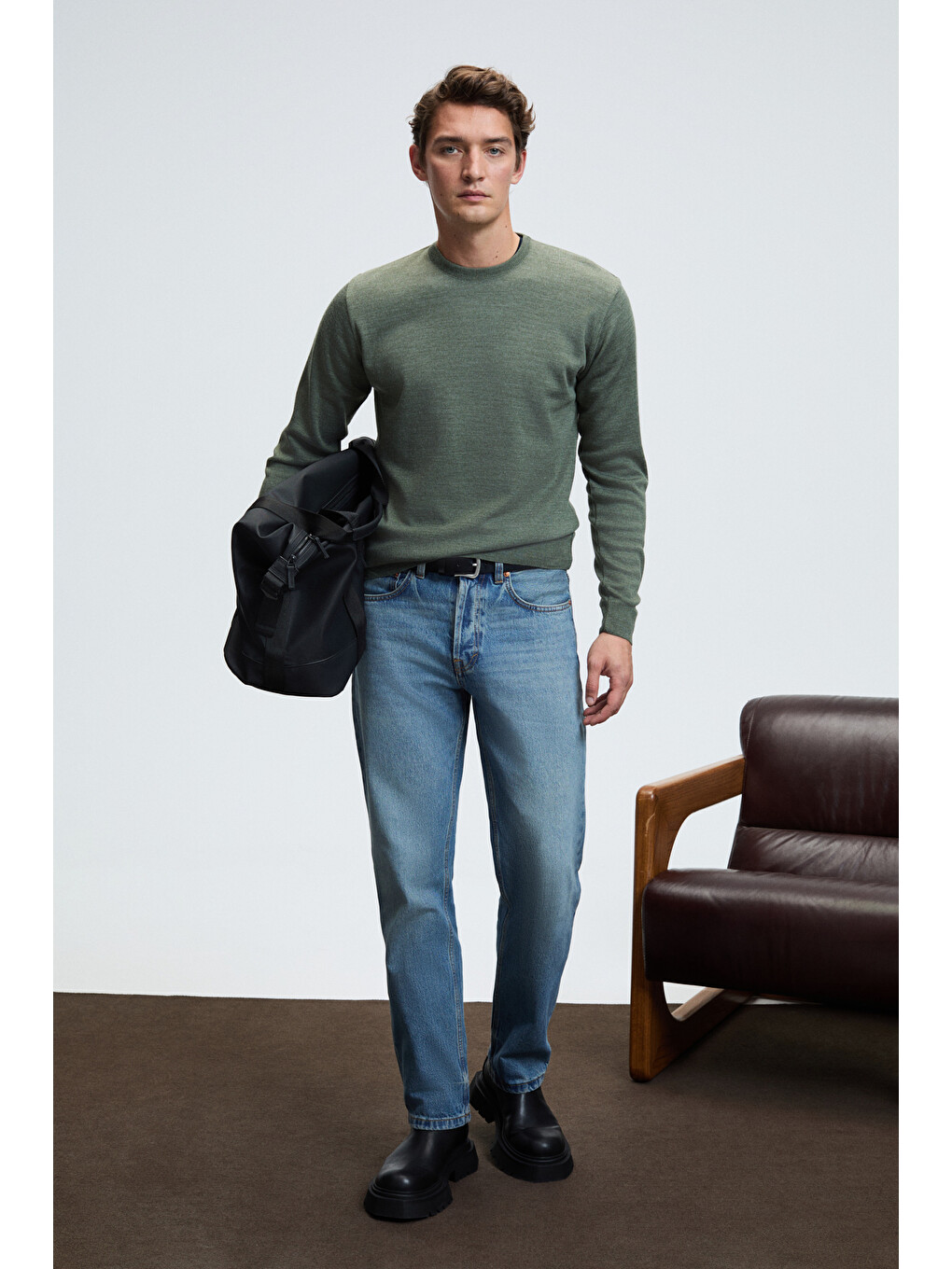 Varex Erkek Yuvarlak Yaka Basic Slim Fit Triko Haki Kazak-2