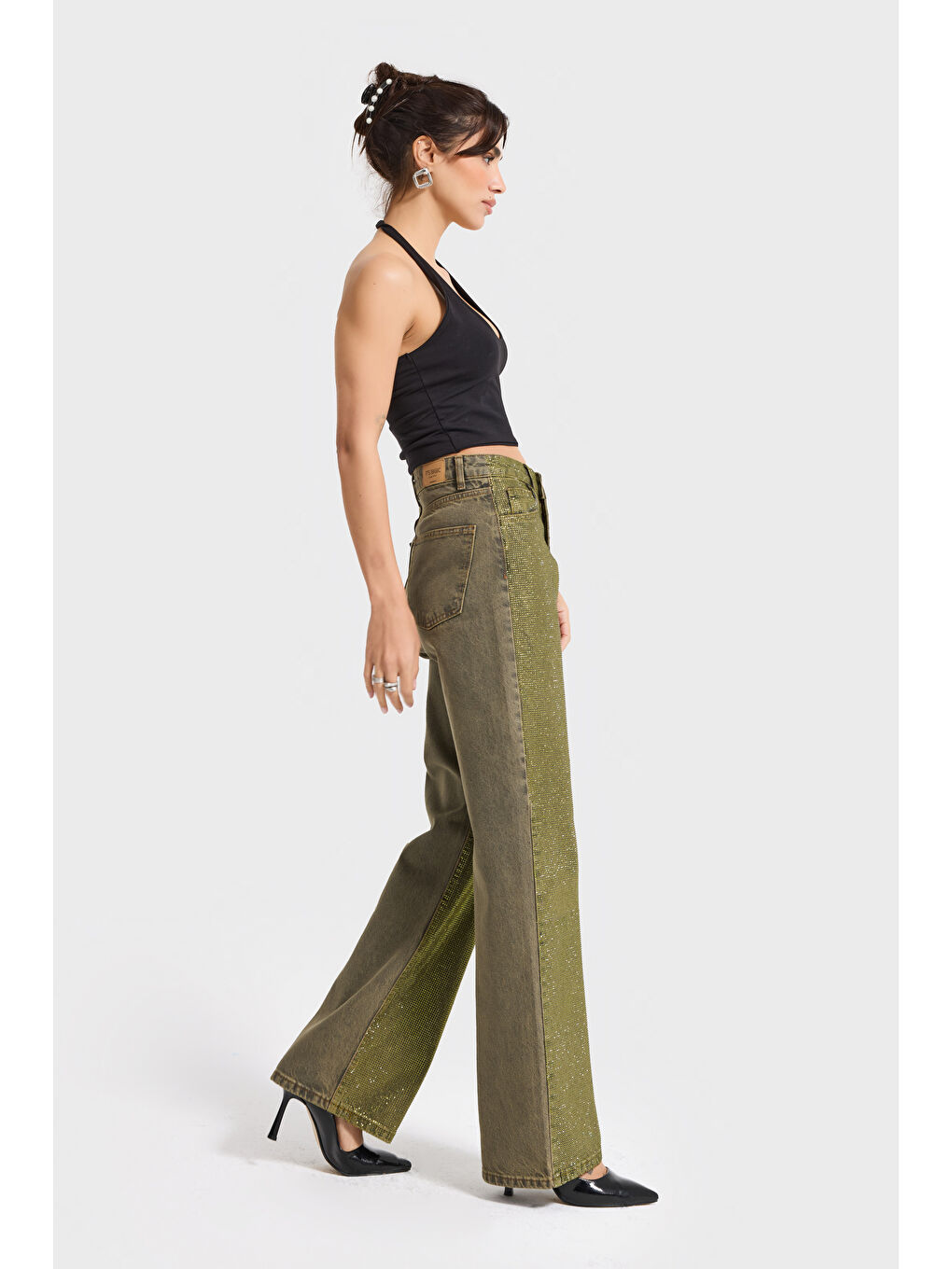Kadın Yeşil T-3w5-141 Straight Fit Ful Parlak Taşlı Özel Tasarım Denim Jean-4