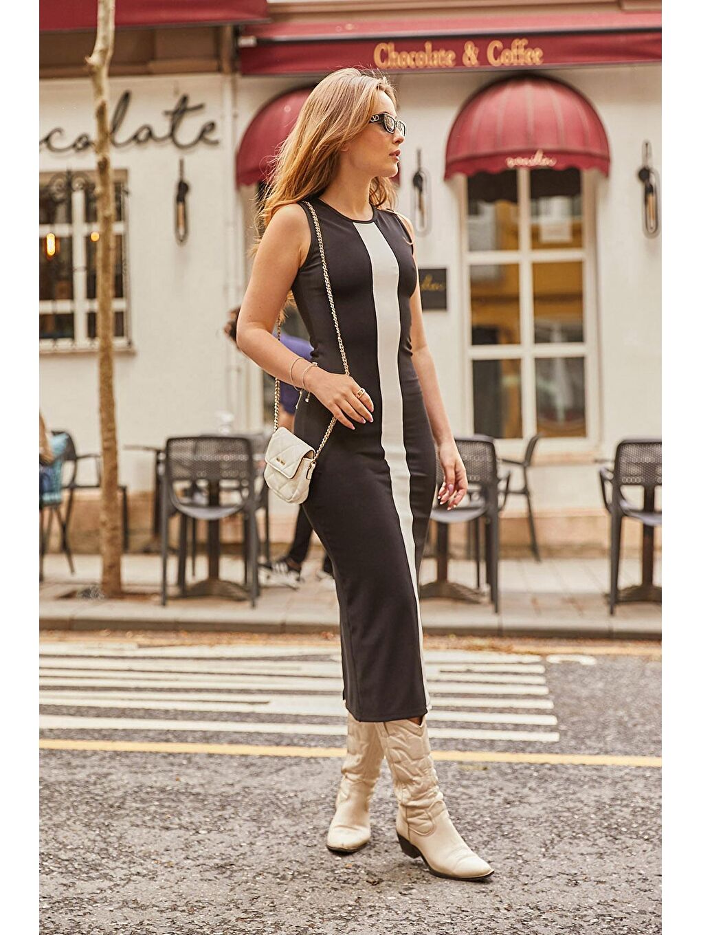 Siyah Kadın Şerit Detaylı Yırtmaçlı Askılı Midi Boy Elbise-2