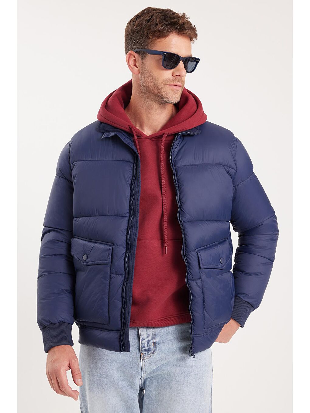 Erkek Regular Fit Klasik Kesim Çift Cepli Lastikli Sıcak Tutan Dik Yaka Lacivert Mont-3