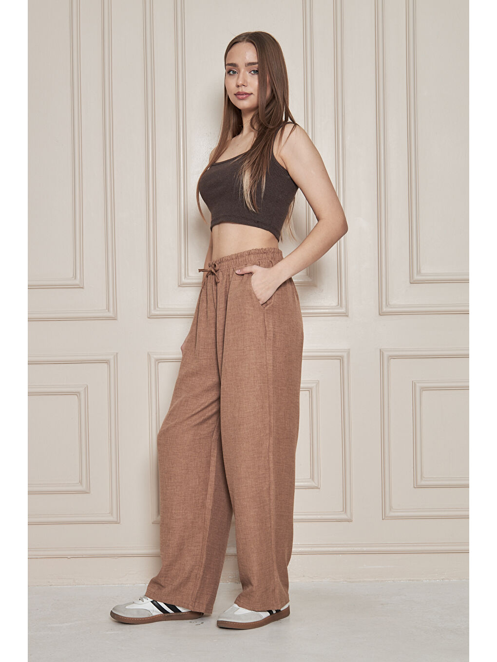Kahverengi Kadın Trend Yüksek Bel Lastikli S.Kahve Bol Pantolon-1