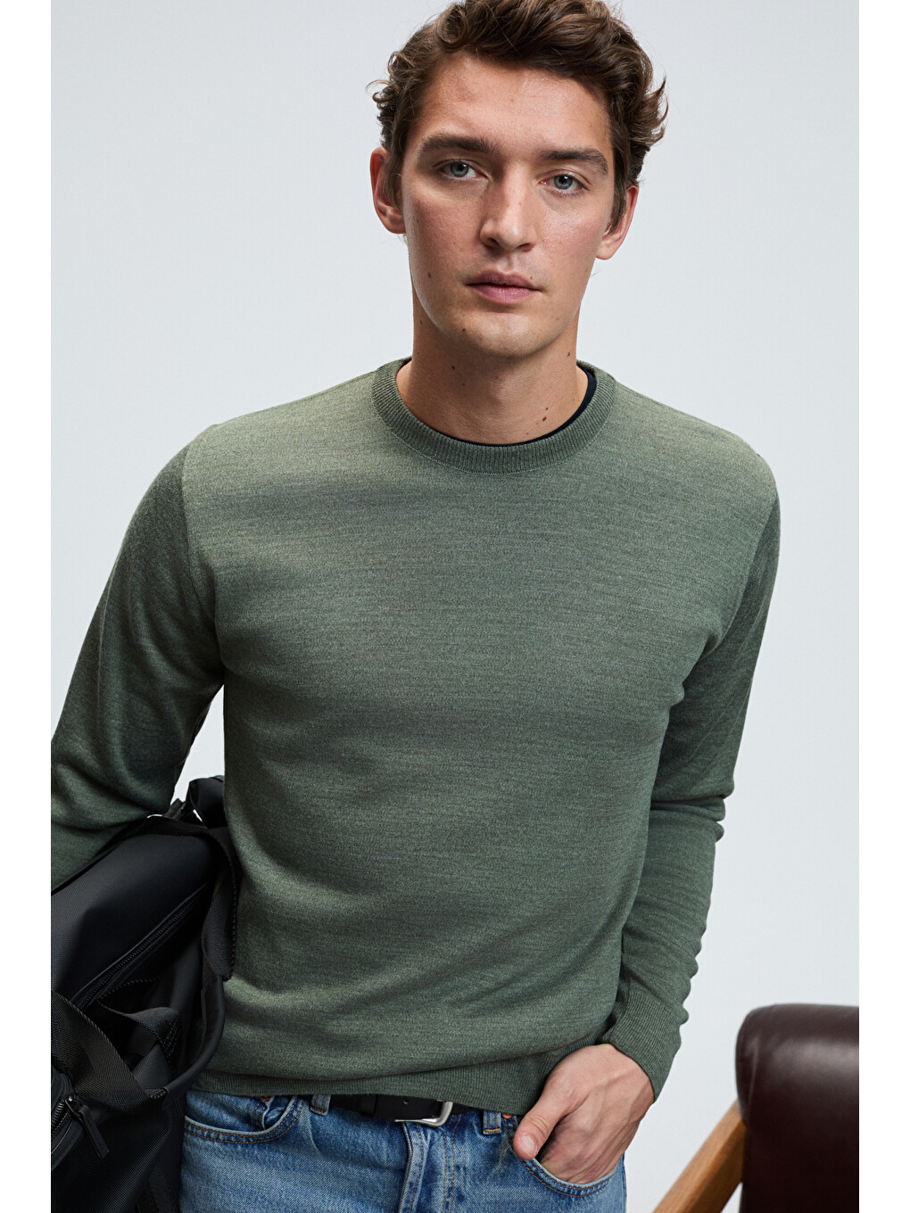 Varex Erkek Yuvarlak Yaka Basic Slim Fit Triko Haki Kazak-3