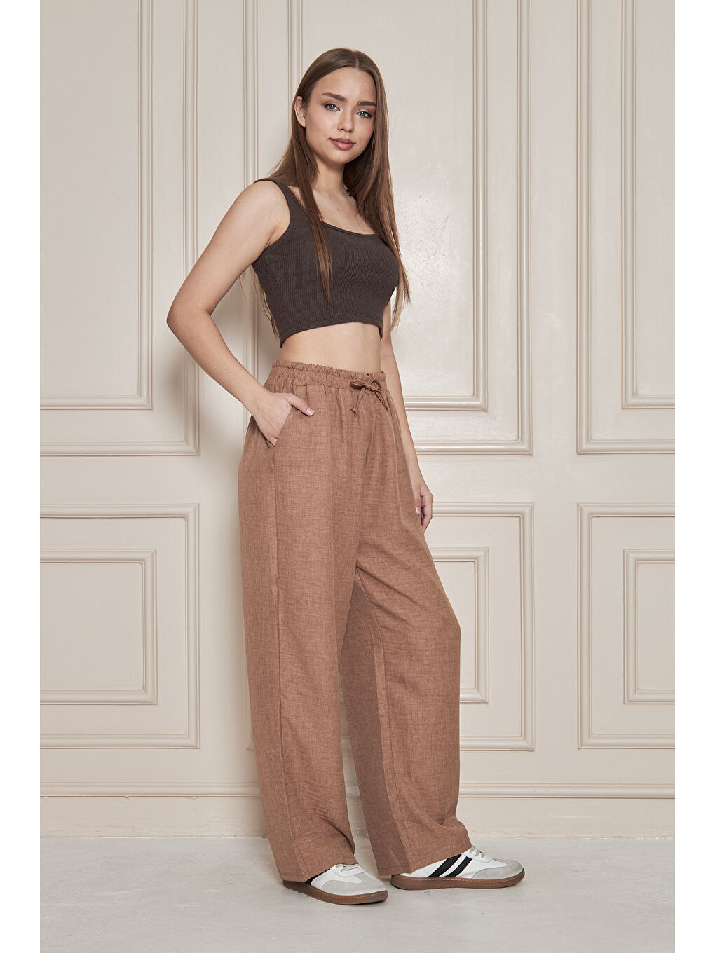 Kahverengi Kadın Trend Yüksek Bel Lastikli S.Kahve Bol Pantolon-2