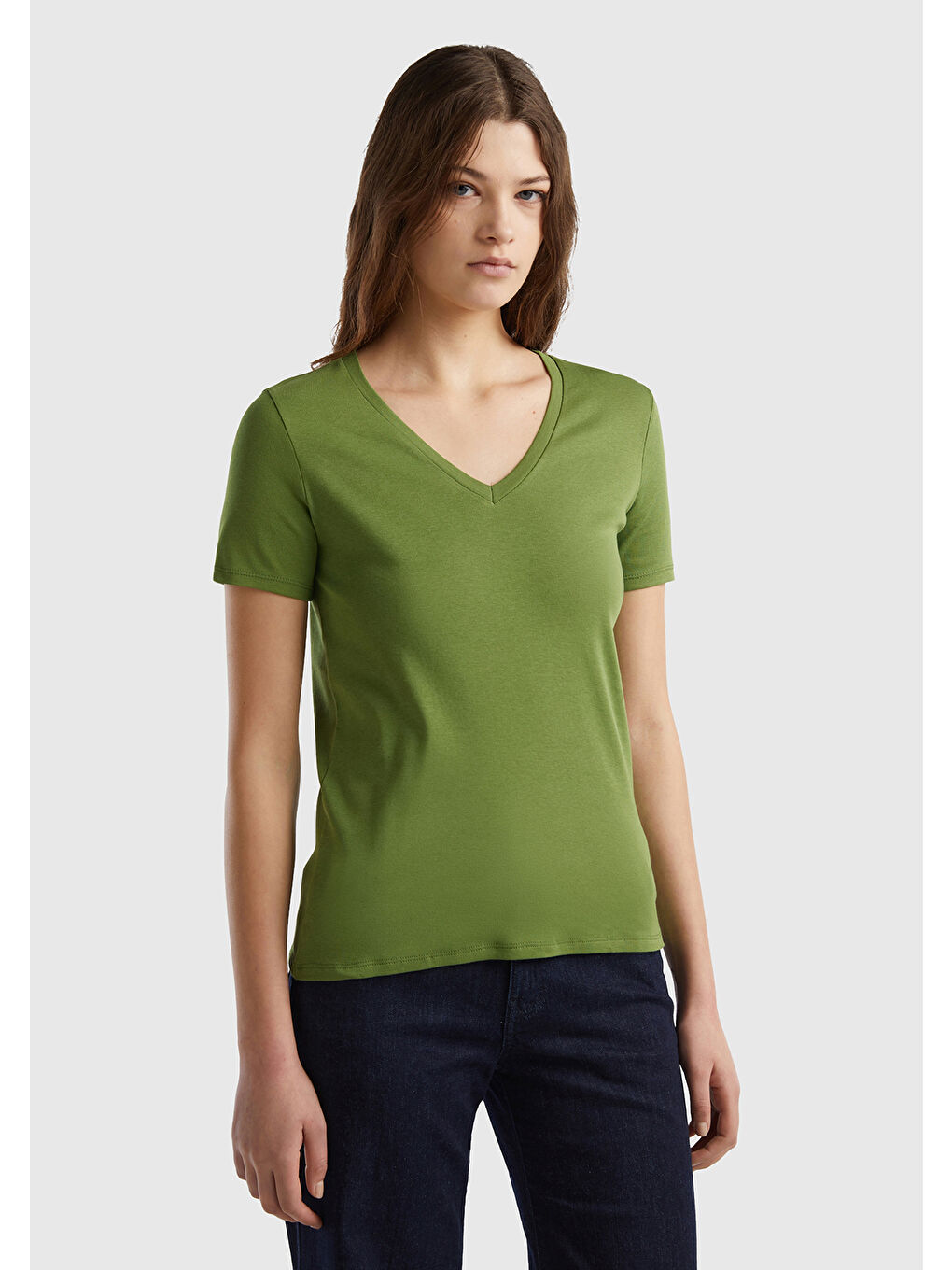 United Colors Of Benetton Kadın Soluk Yeşil %100 Pamuk V Yaka Basic T-Shirt