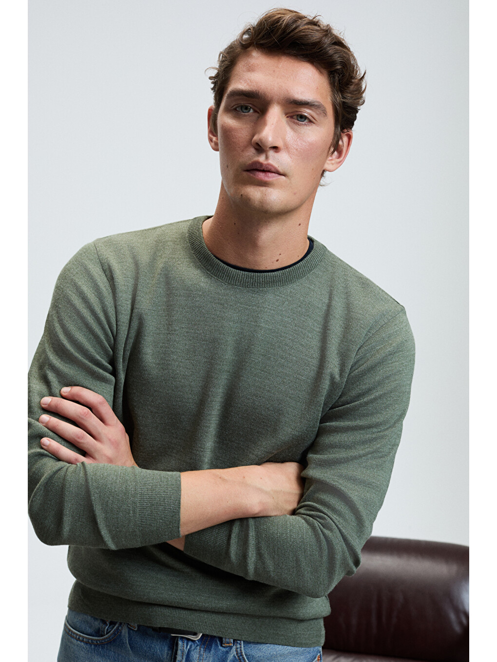 Varex Erkek Yuvarlak Yaka Basic Slim Fit Triko Haki Kazak-4