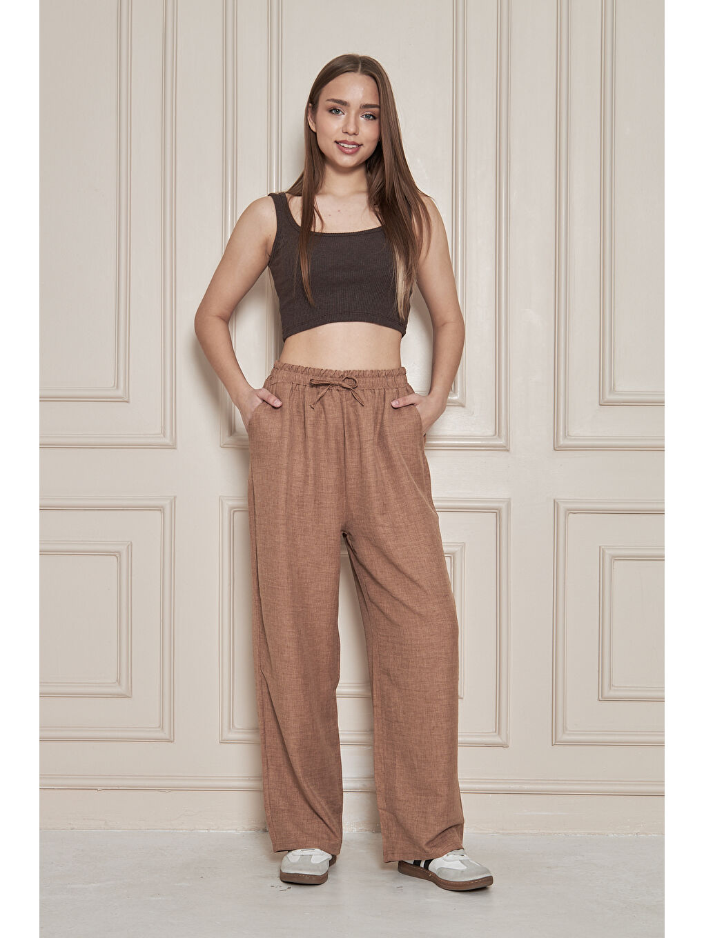 Kahverengi Kadın Trend Yüksek Bel Lastikli S.Kahve Bol Pantolon-4