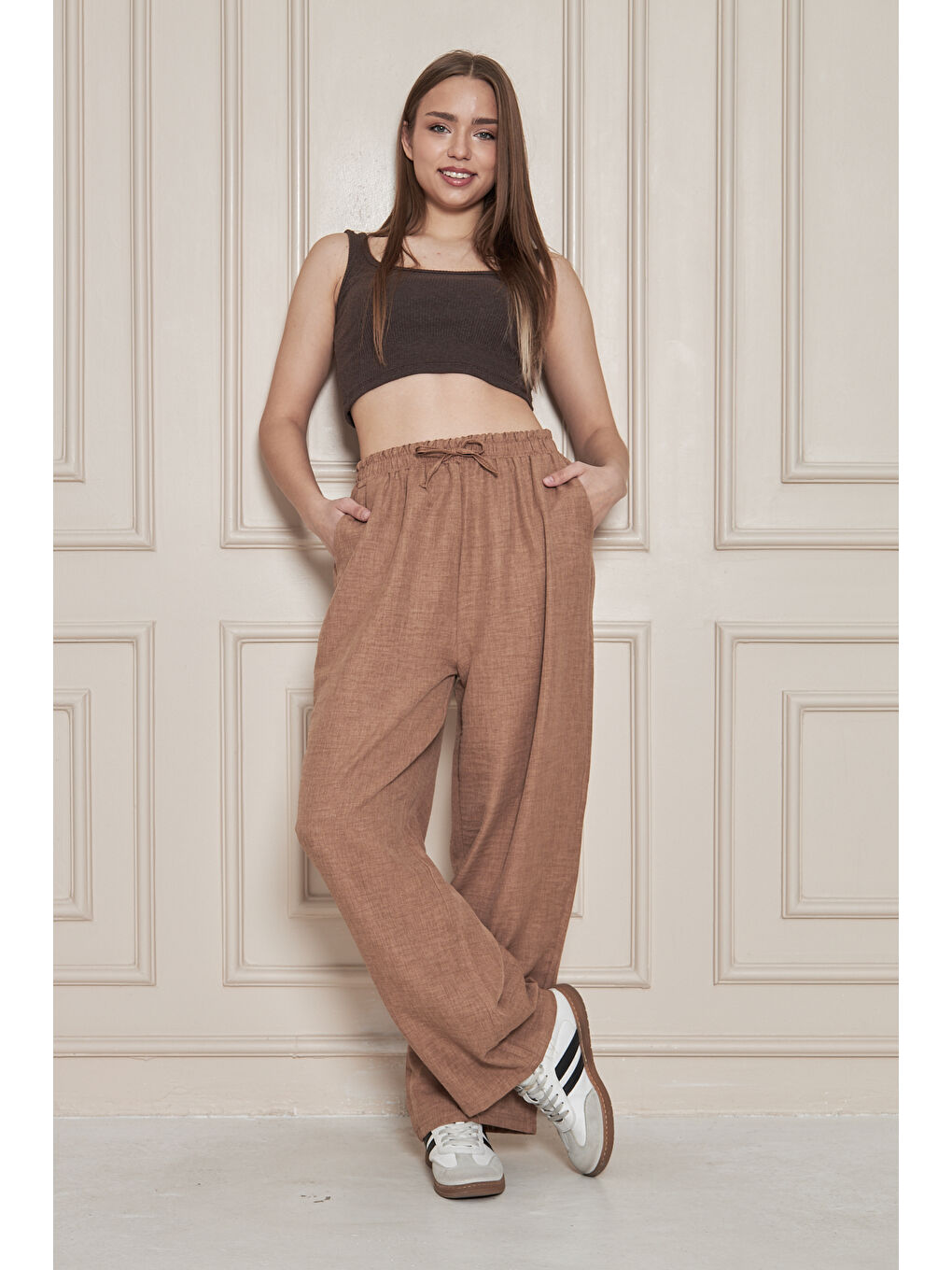 Kahverengi Kadın Trend Yüksek Bel Lastikli S.Kahve Bol Pantolon-5