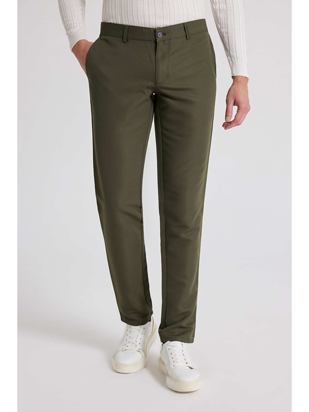 Slim Fit Haki Armürlü Yandan Cepli Pamuklu Chino Pantolon