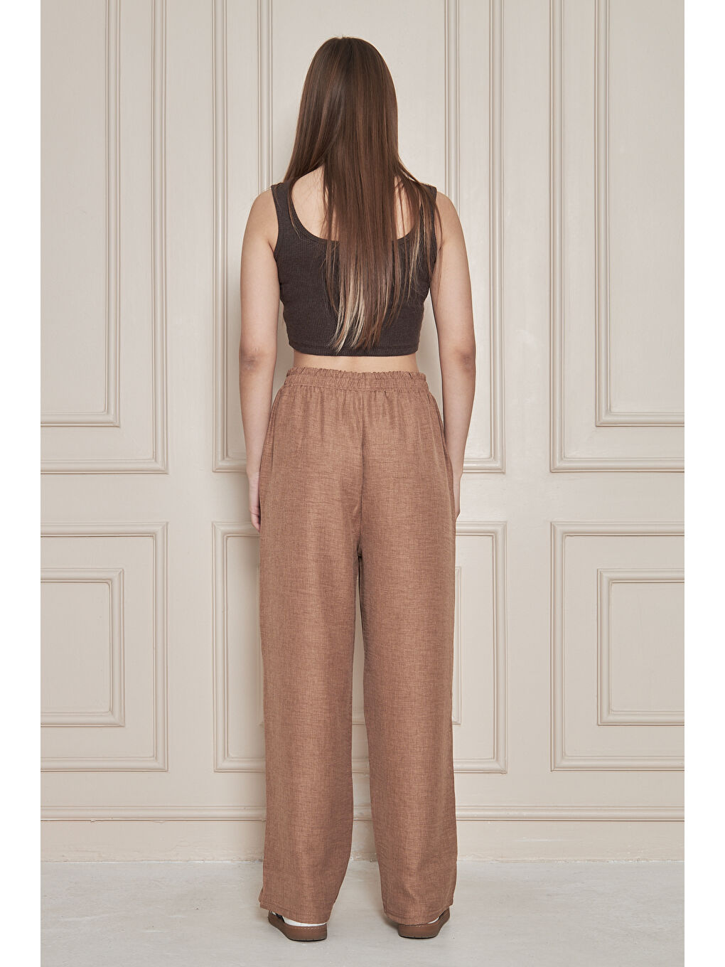 Kahverengi Kadın Trend Yüksek Bel Lastikli S.Kahve Bol Pantolon-6
