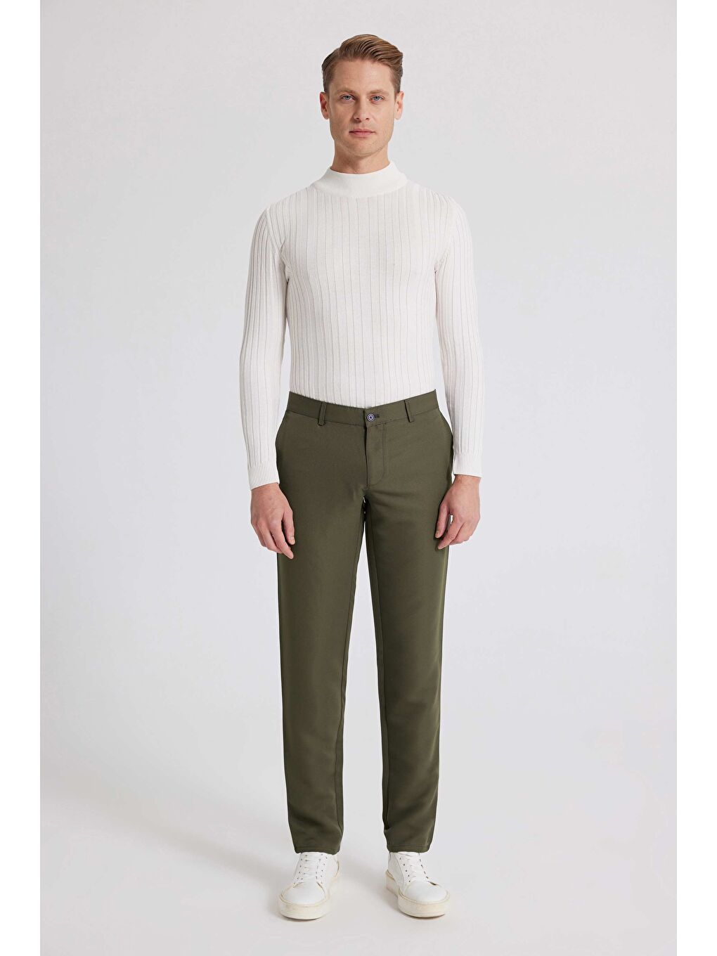 Slim Fit Haki Armürlü Yandan Cepli Pamuklu Chino Pantolon-1