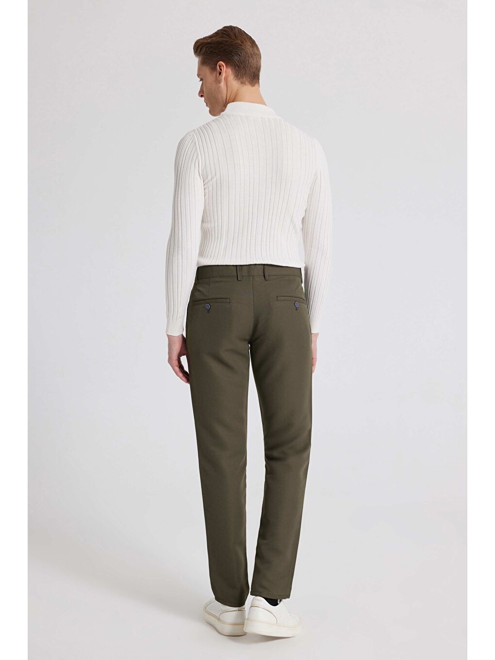 Slim Fit Haki Armürlü Yandan Cepli Pamuklu Chino Pantolon-3