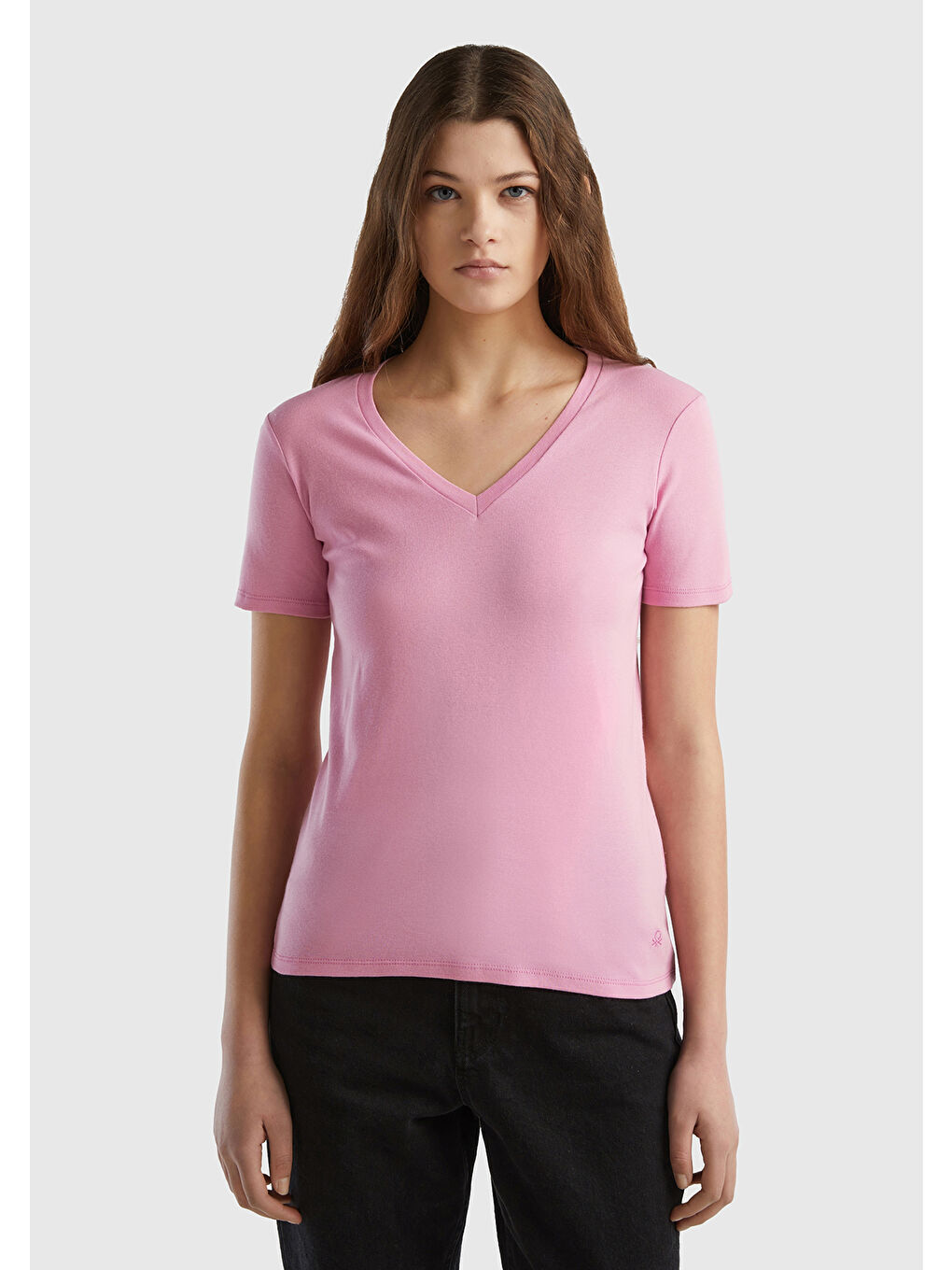 United Colors Of Benetton Kadın Açık Pembe %100 Pamuk V Yaka Basic T-Shirt