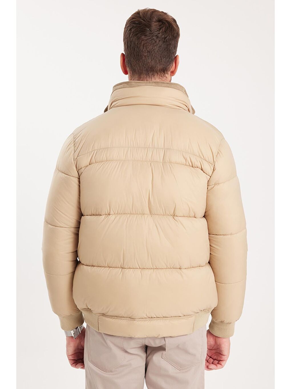 Bej Erkek Regular Fit Klasik Kesim Çift Cepli Lastikli Sıcak Tutan Dik Yaka Kum Rengi Mont-6