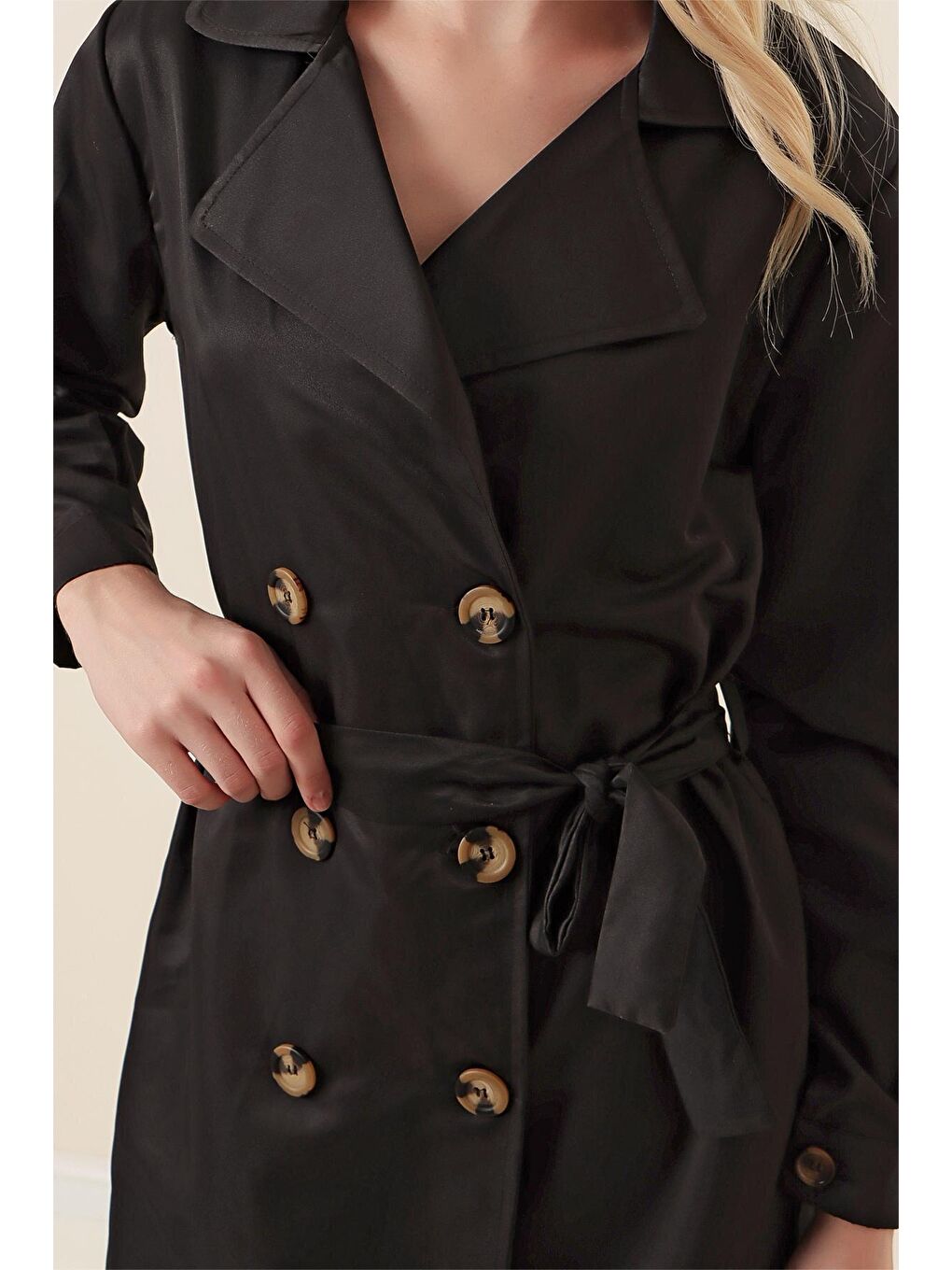 5864 Kruvaze Yaka Kısa Trençkot - Siyah-5