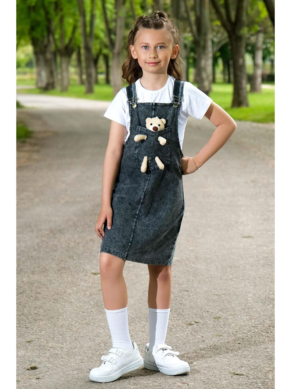 Gri Kız Çocuk Etekli Ayıcıklı Salopet