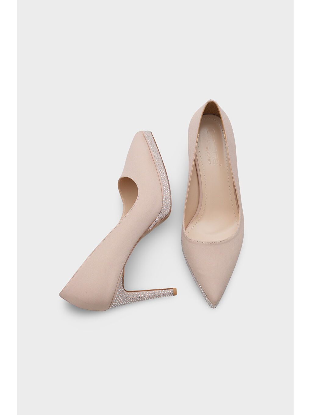 Bej Karine Taşlı Platform Yüksek Topuklu Saten Abiye Ayakkabı-4