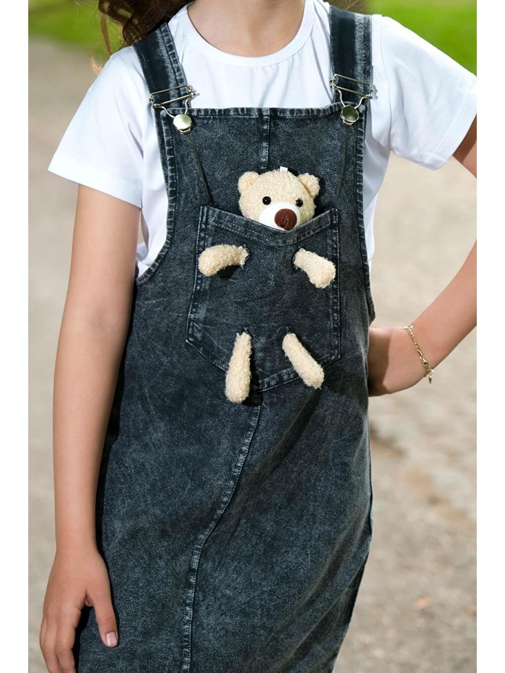 Gri Kız Çocuk Etekli Ayıcıklı Salopet-1