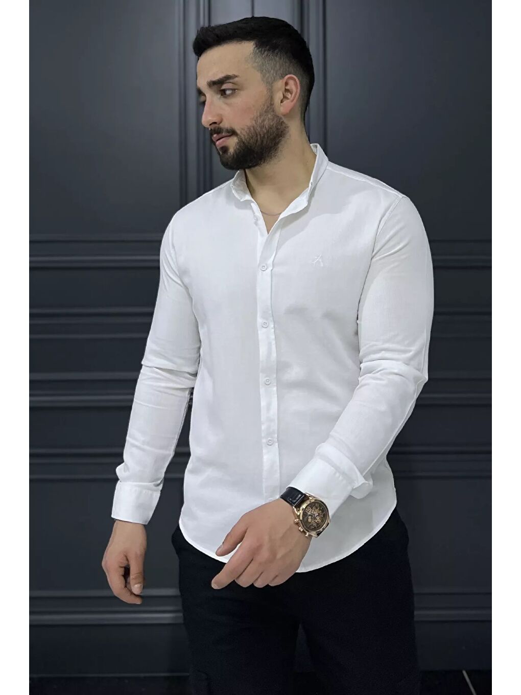 Beyaz Erkek Cepsiz Uzun Kol Gömlek-1