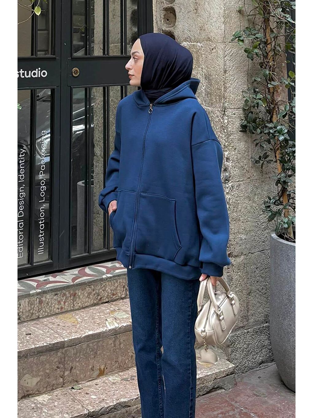 Kapüşonlu Oversize Yan Cepli Sweat İndigo-1