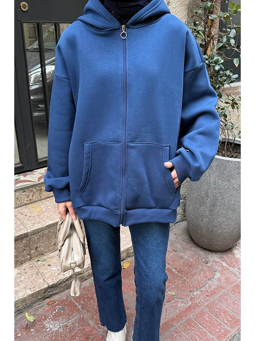 Kapüşonlu Oversize Yan Cepli Sweat İndigo-2