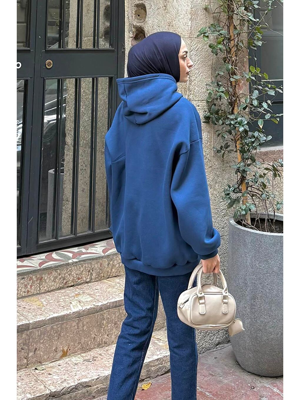 Kapüşonlu Oversize Yan Cepli Sweat İndigo-3