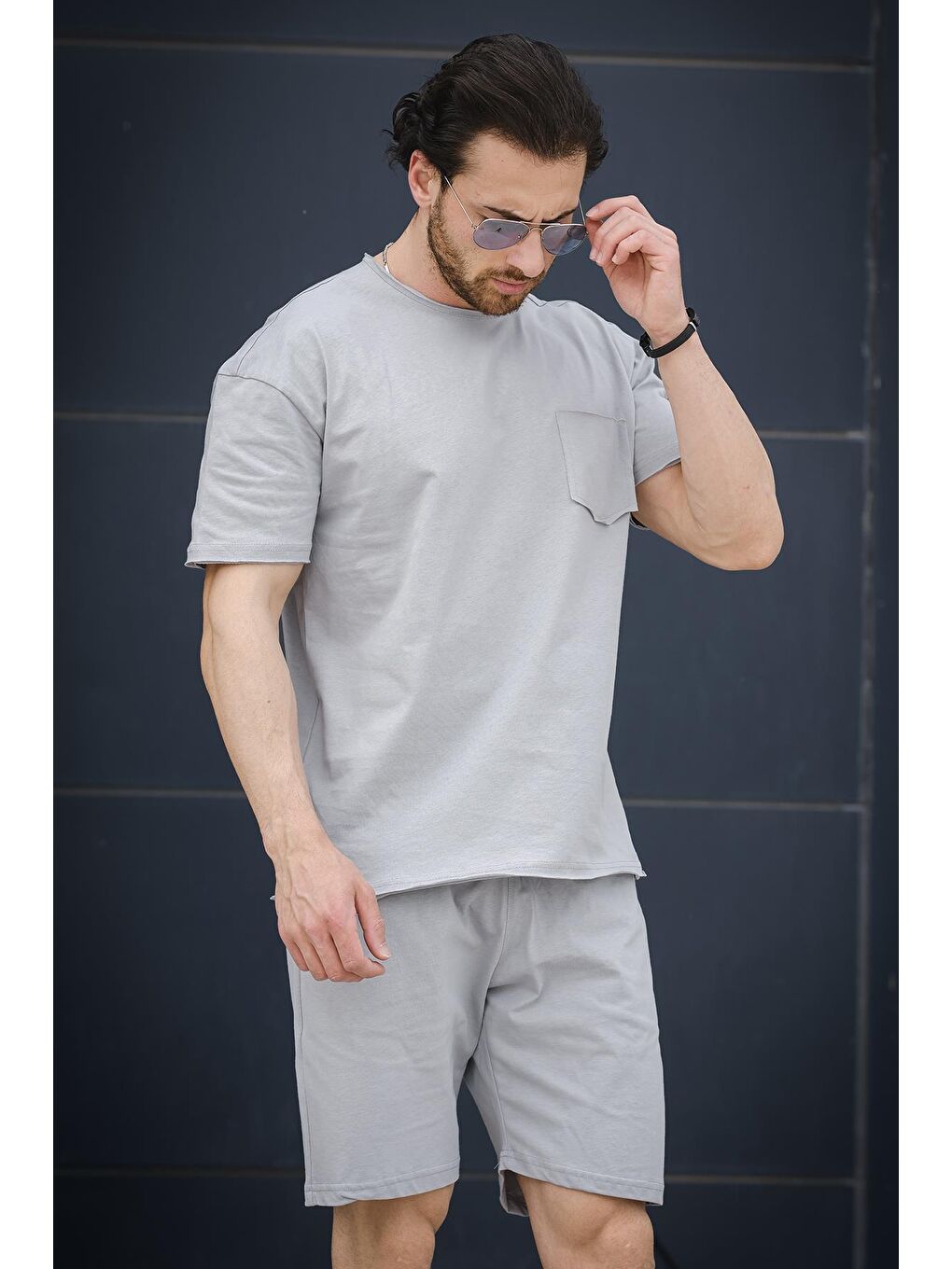 Gri Oversize Cepli Erkek Şort Tişört Takım 2'li-1