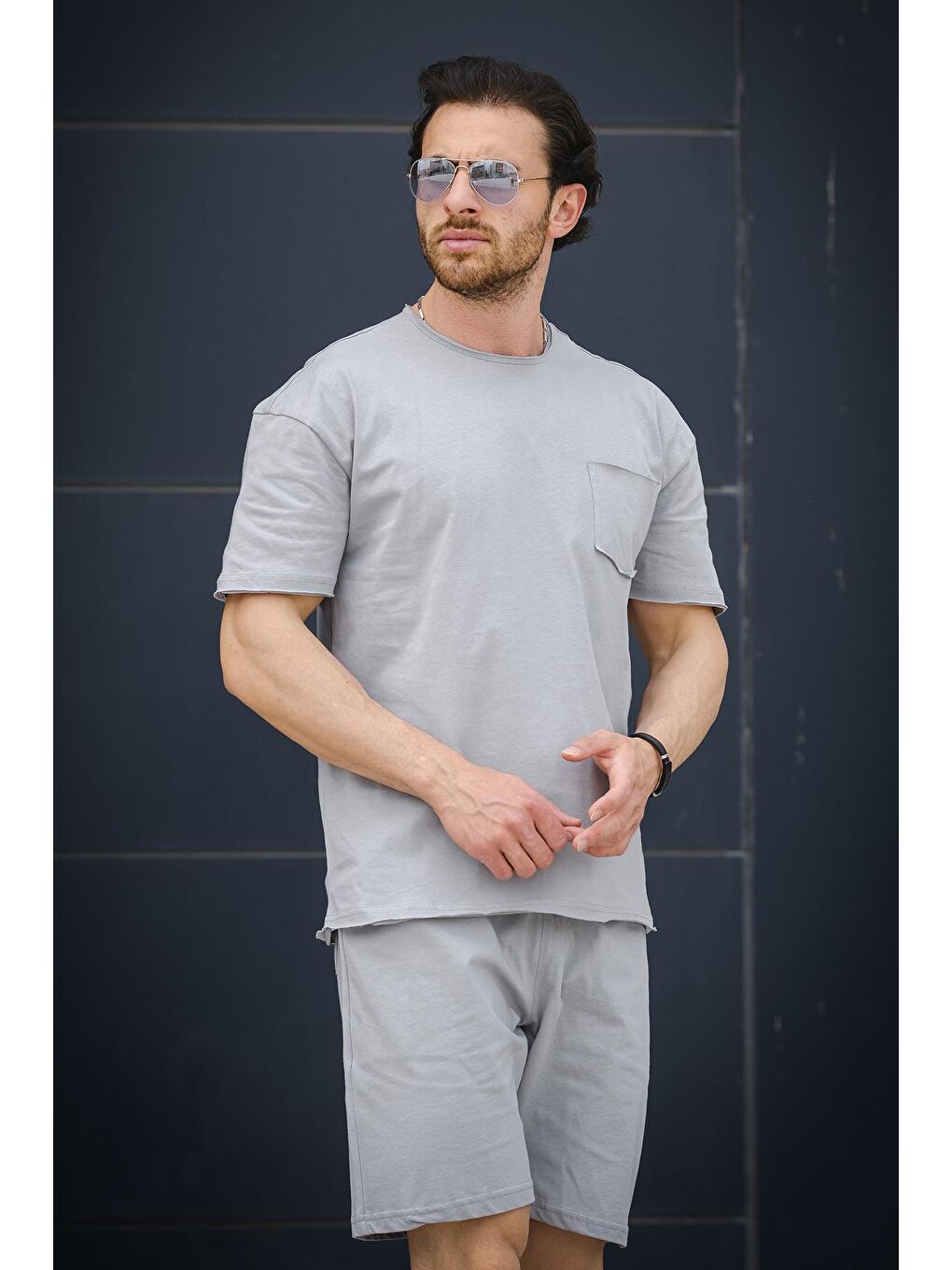 Gri Oversize Cepli Erkek Şort Tişört Takım 2'li-2