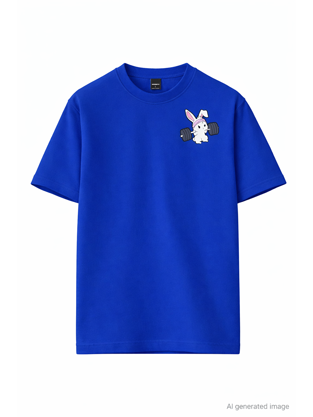 Mavi Gym Bunny - Halter Kaldıran Tavşan Baskılı Unisex Oversize Pamuklu Tişört