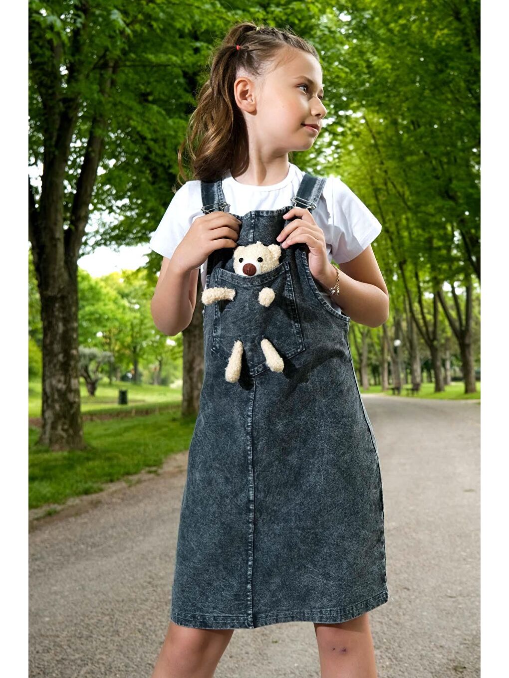 Gri Kız Çocuk Etekli Ayıcıklı Salopet-4