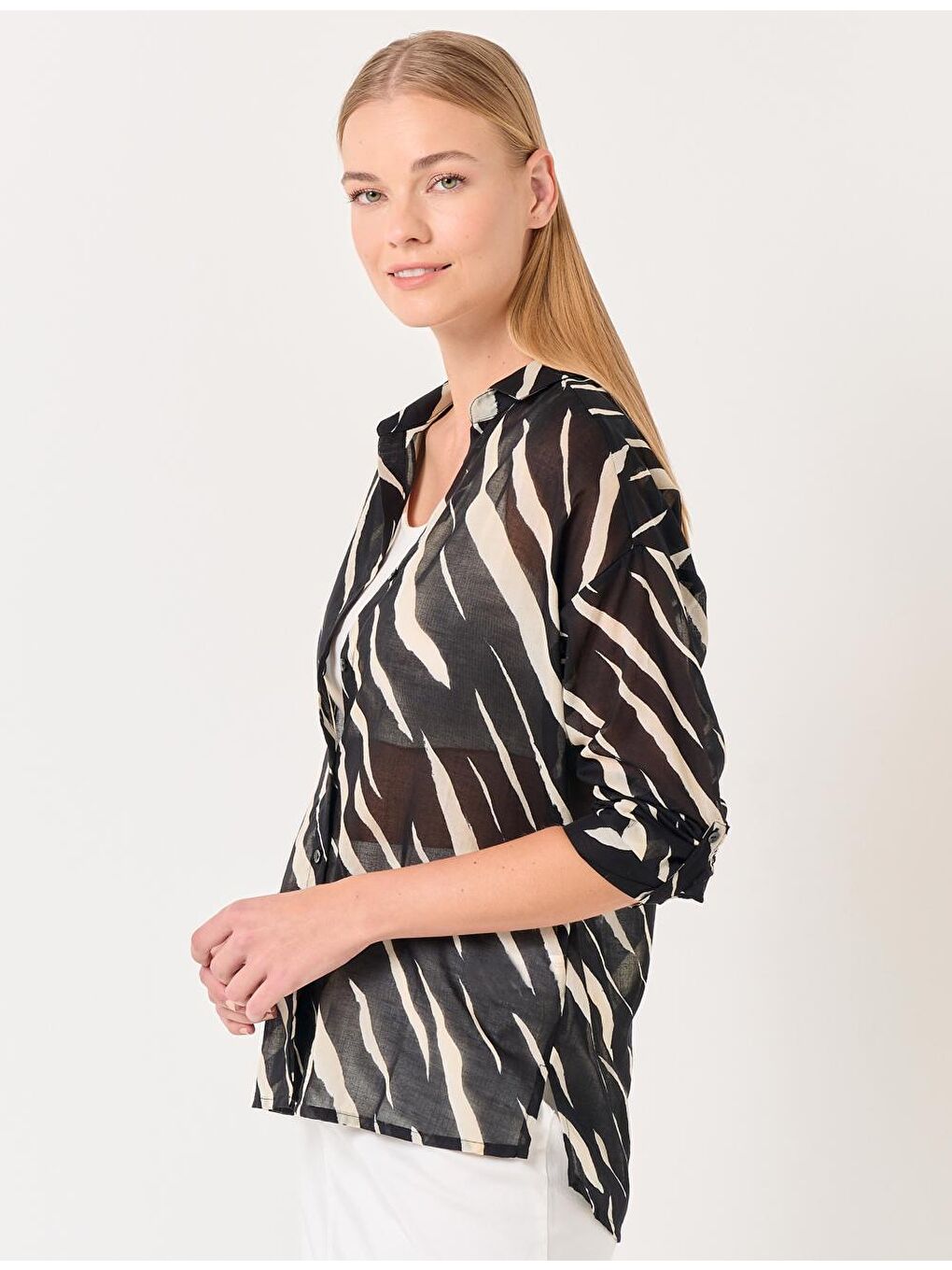 Siyah Uzun Kollu Desenli %100 Pamuklu Gömlek-2