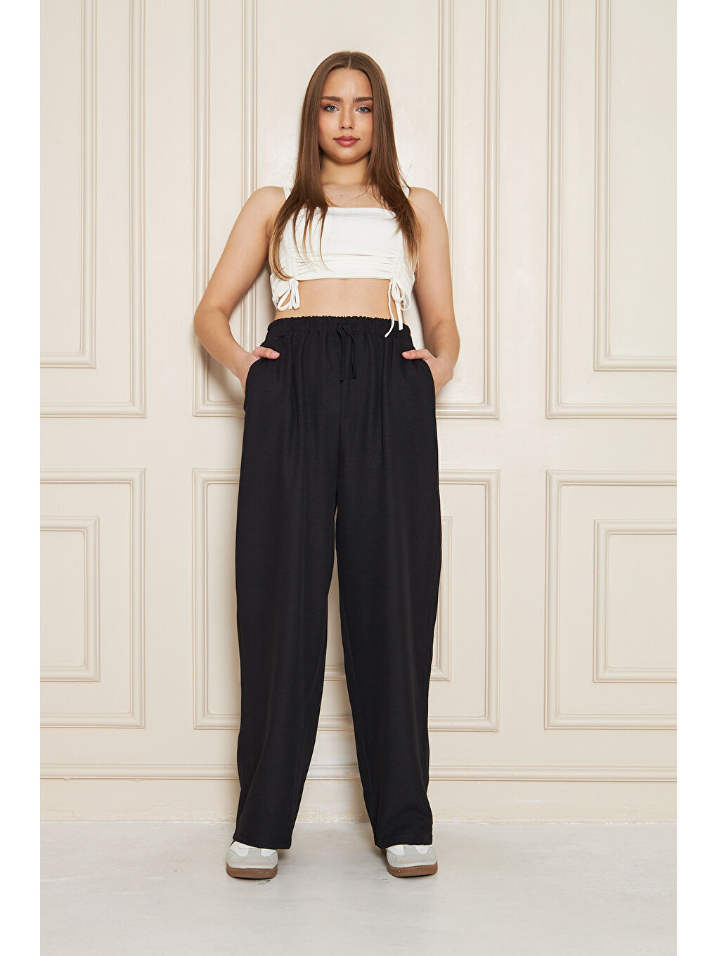 Kadın Trend Yüksek Bel Lastikli Siyah Bol Pantolon-5