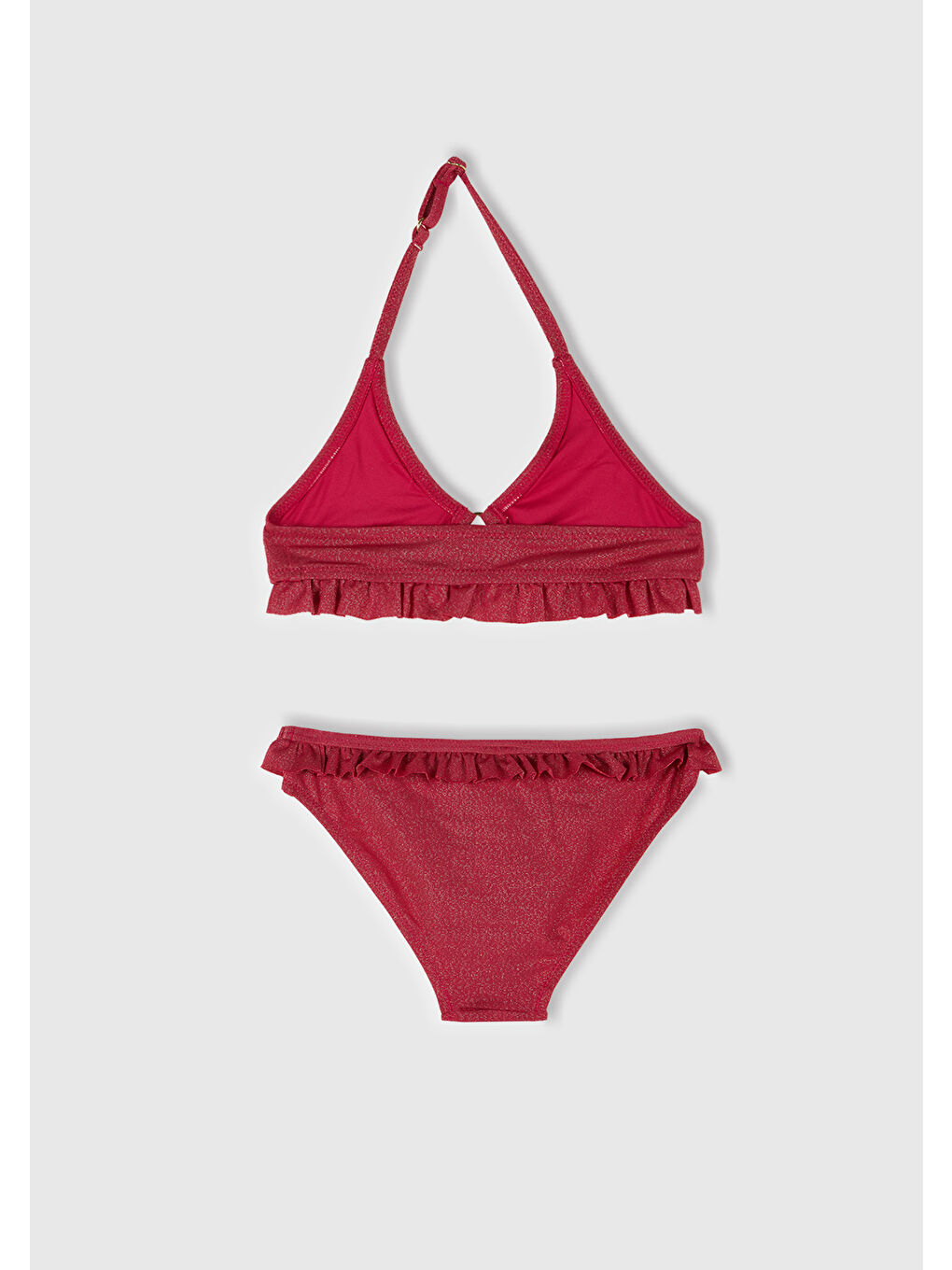 Kız Çocuk Fuşya Simli Fırfır Detaylı Boyundan Askılı Bikini Takımı-1