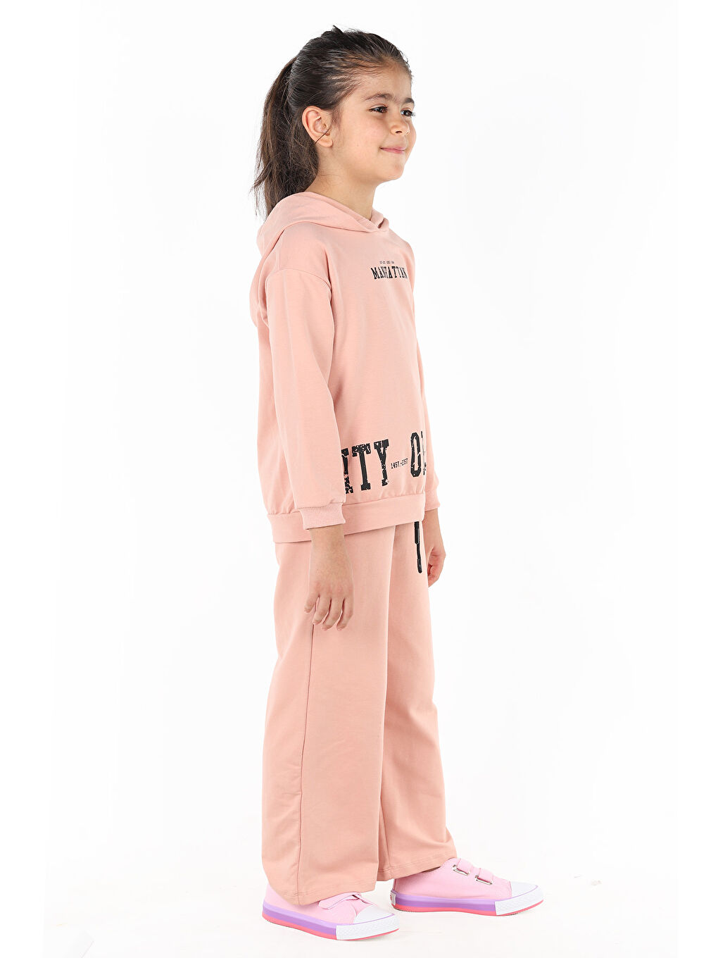 Pembe Yazı Baskılı Kız Çocuk Sweatshirt Eşofman 2'Li Takım-2