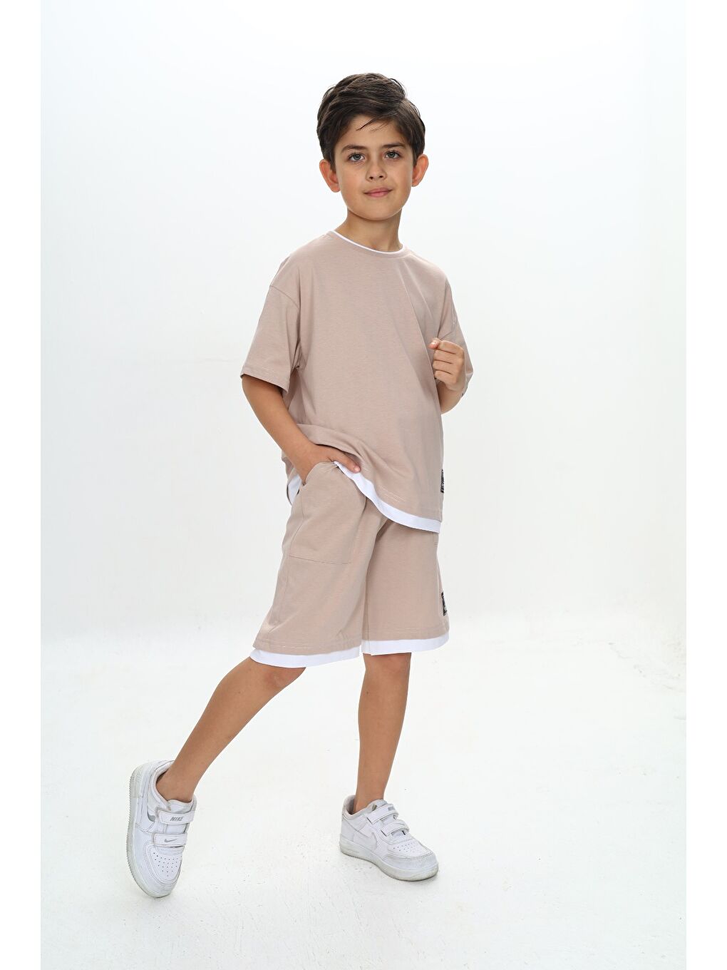 Bej Erkek Çocuk Yazı Armalı Şortlu Takım-2