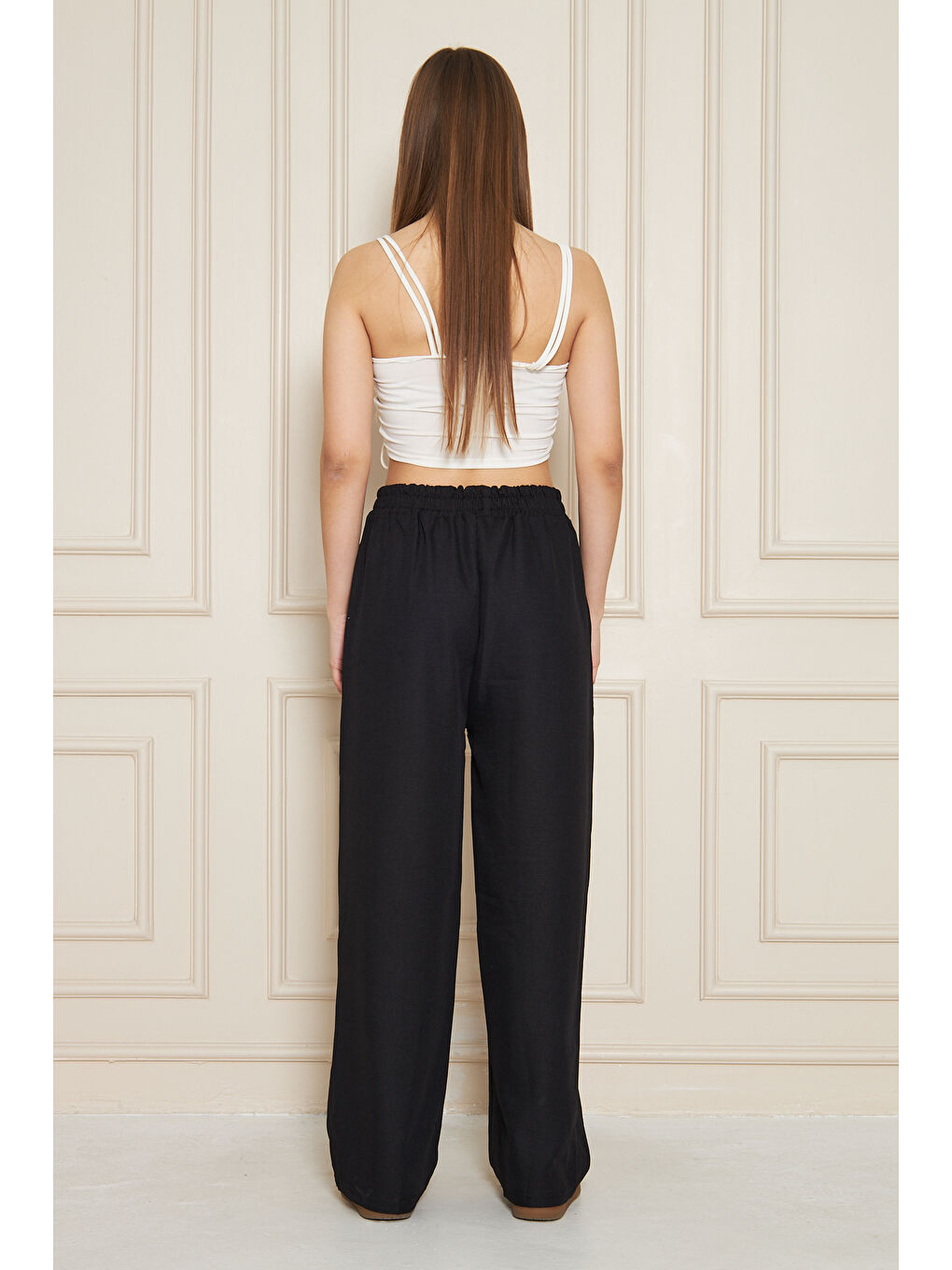 Kadın Trend Yüksek Bel Lastikli Siyah Bol Pantolon-6