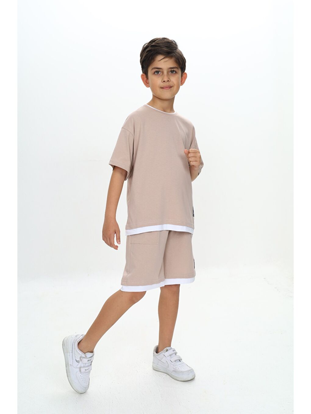 Bej Erkek Çocuk Yazı Armalı Şortlu Takım-4