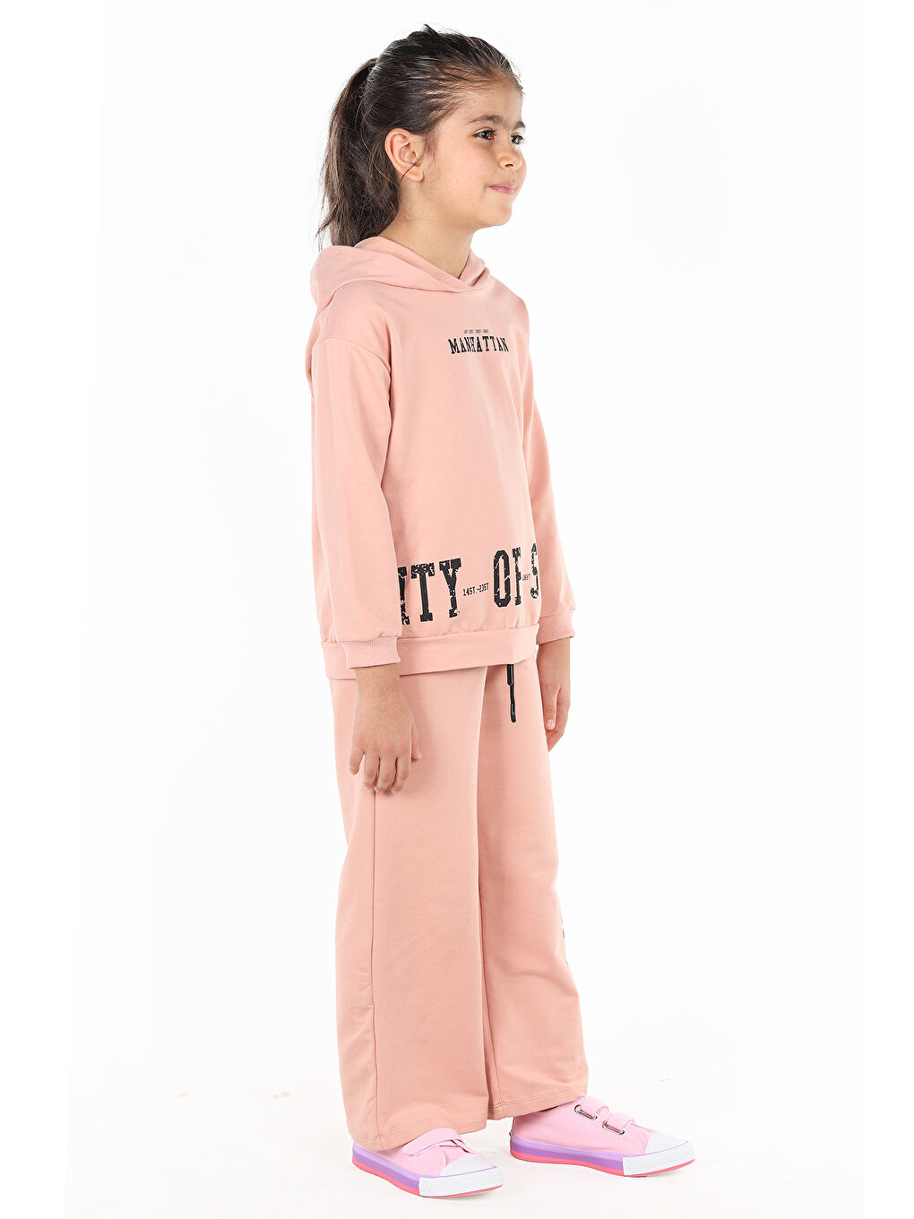 Pembe Yazı Baskılı Kız Çocuk Sweatshirt Eşofman 2'Li Takım-4