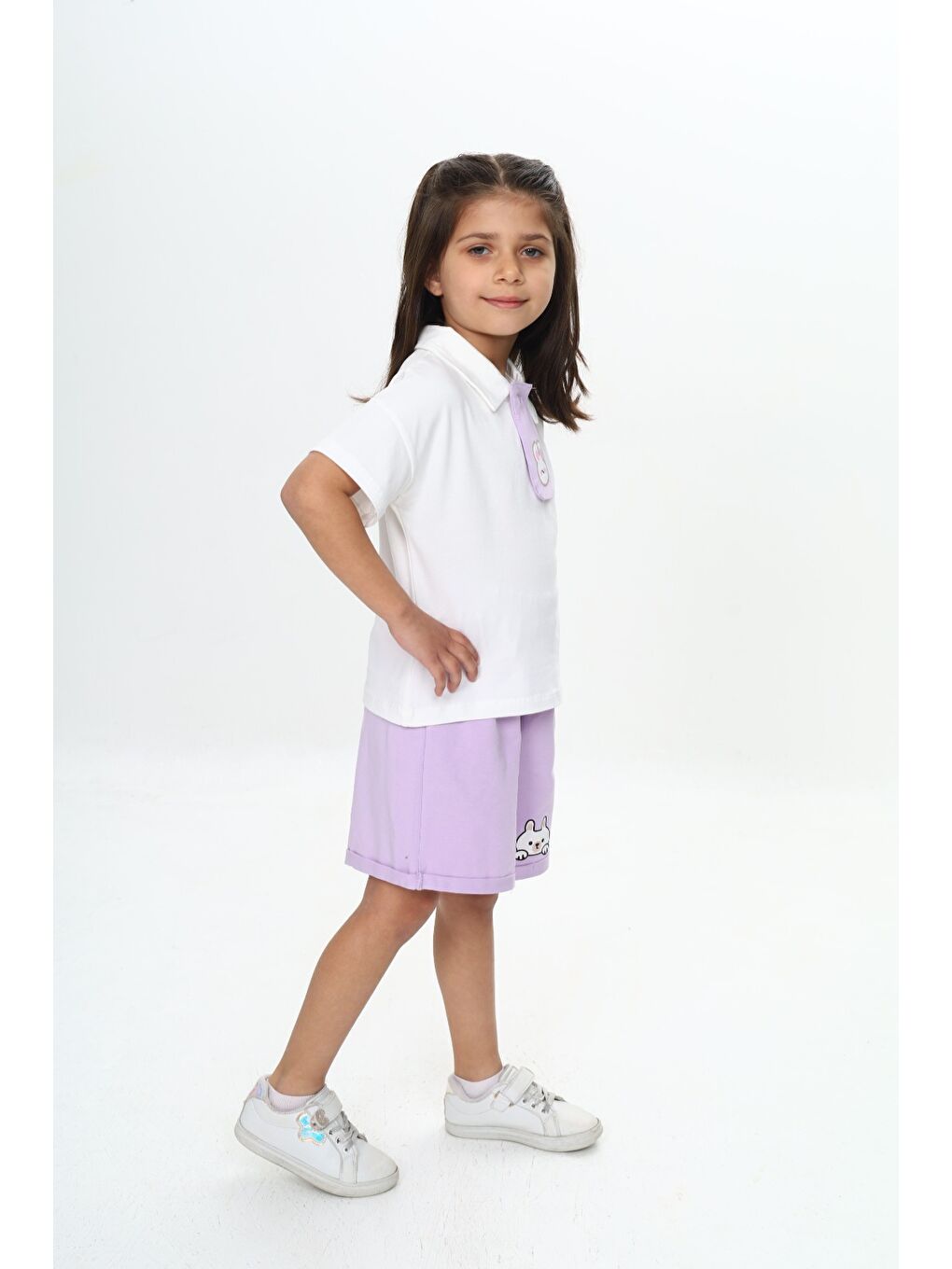 Lila Kız Çocuk Polo Yaka Göğsü Baskılı Şortlu Takım-3