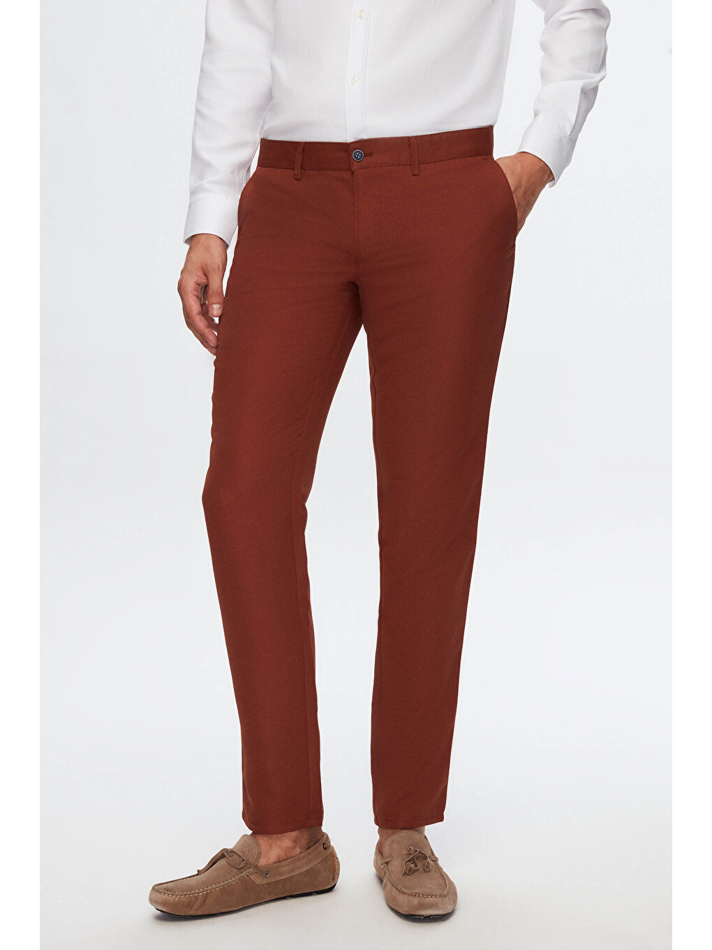 Kahverengi Slim Fit Tarçın Armürlü Yandan Cepli Pamuklu Chino Pantolon