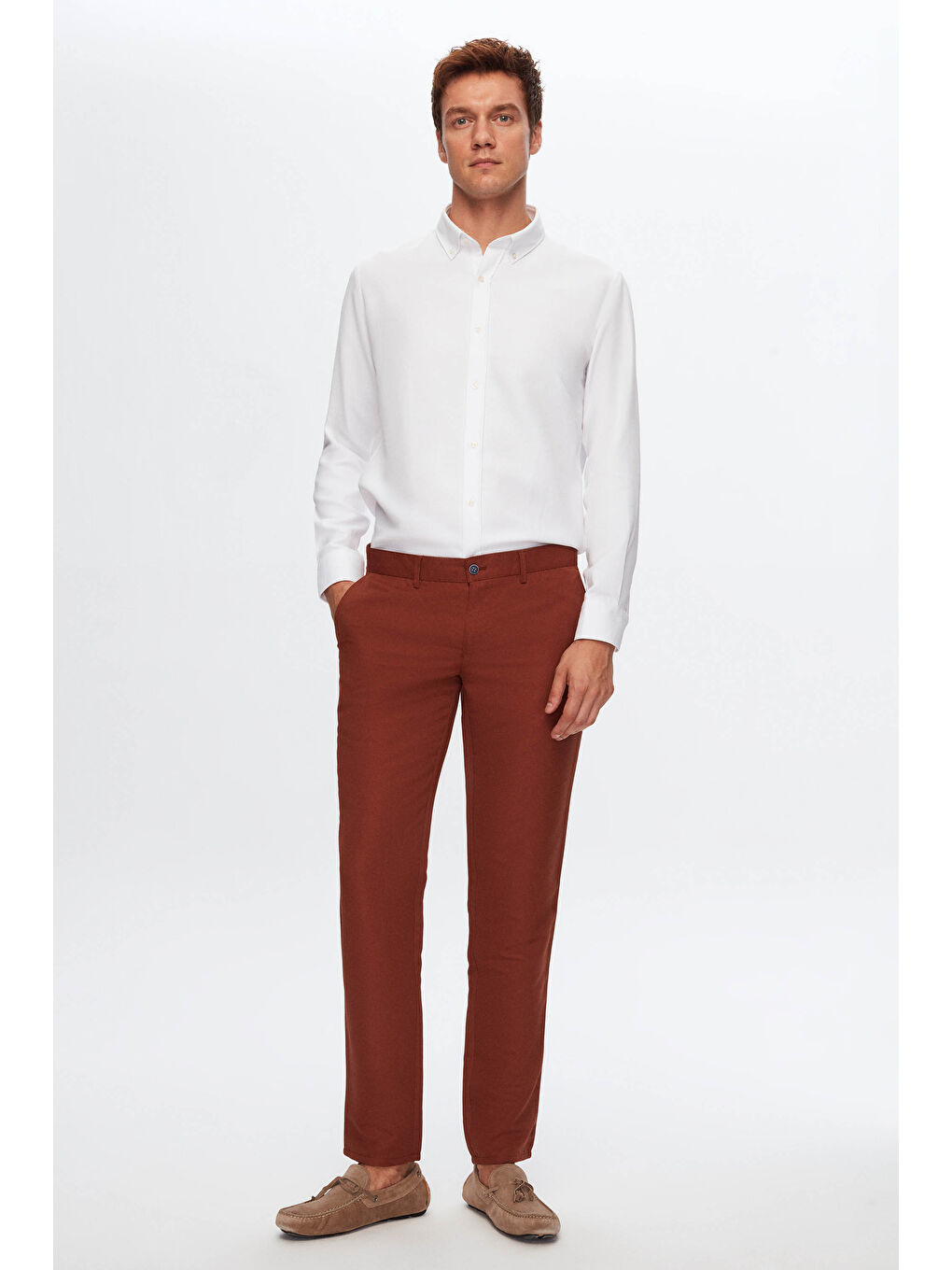 Kahverengi Slim Fit Tarçın Armürlü Yandan Cepli Pamuklu Chino Pantolon-1