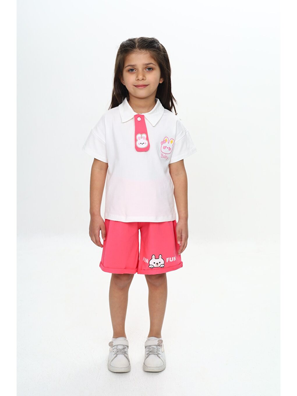 Fuşya Kız Çocuk Polo Yaka Göğsü Baskılı Şortlu Takım-1