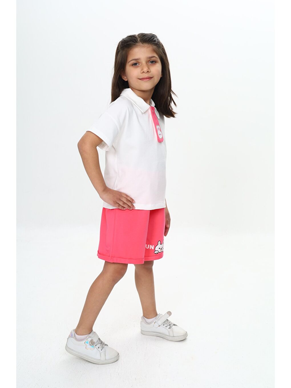 Fuşya Kız Çocuk Polo Yaka Göğsü Baskılı Şortlu Takım-2