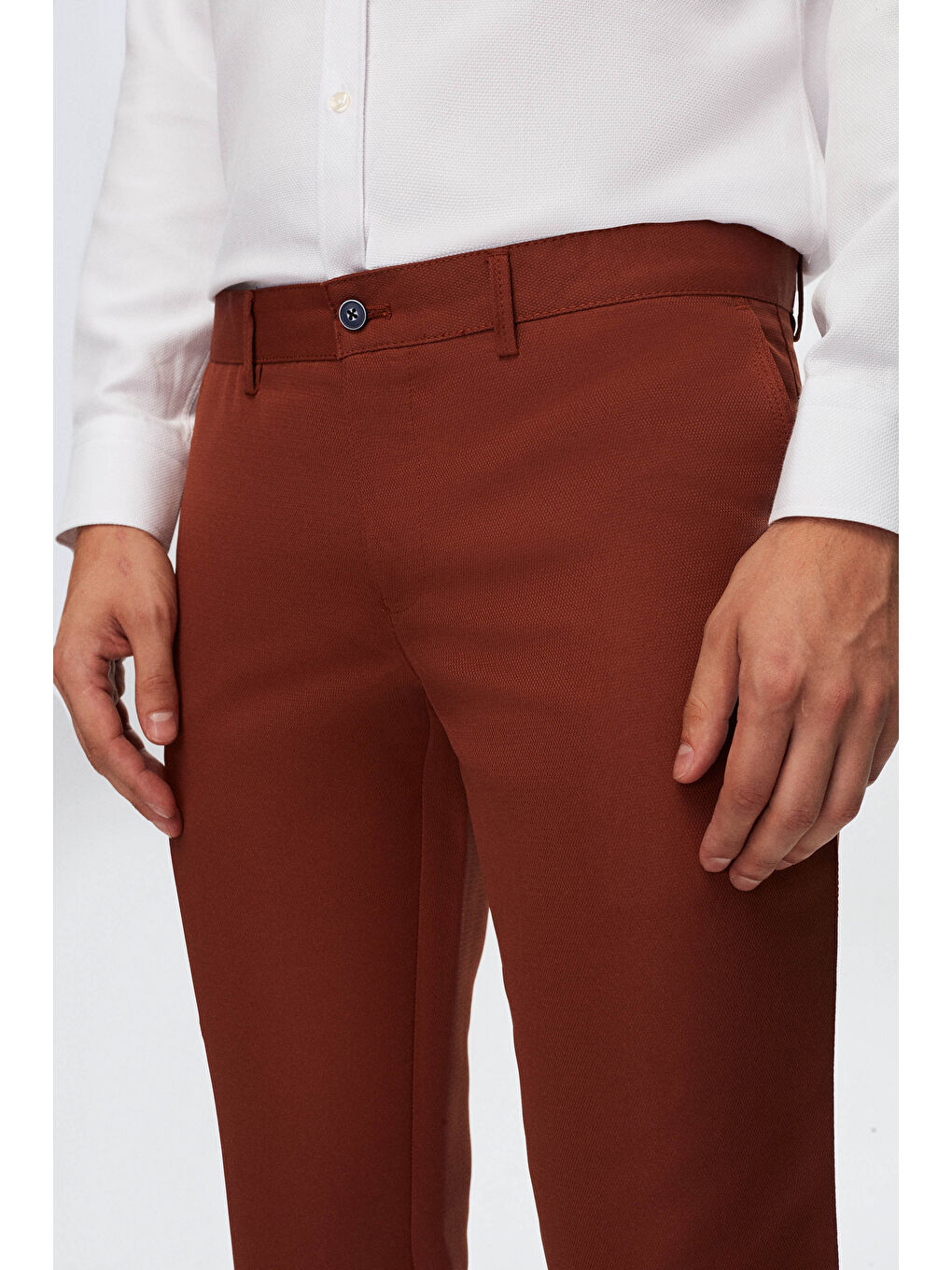 Kahverengi Slim Fit Tarçın Armürlü Yandan Cepli Pamuklu Chino Pantolon-2