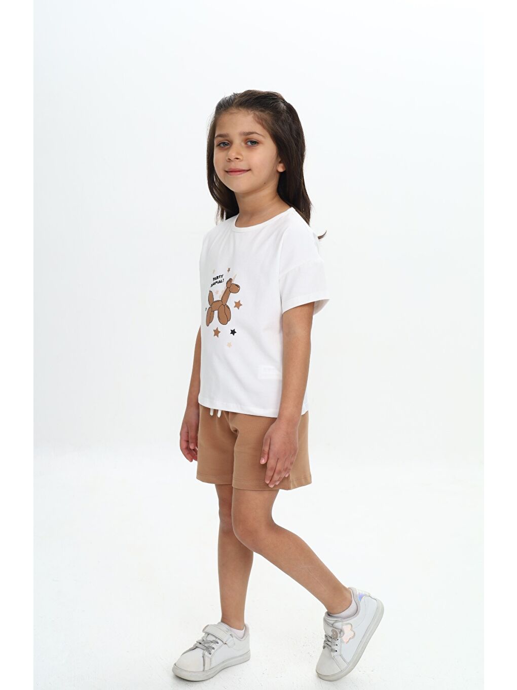 Kahverengi Kız Çocuk Anımal Balon Baskılı Şortlu Takım-1