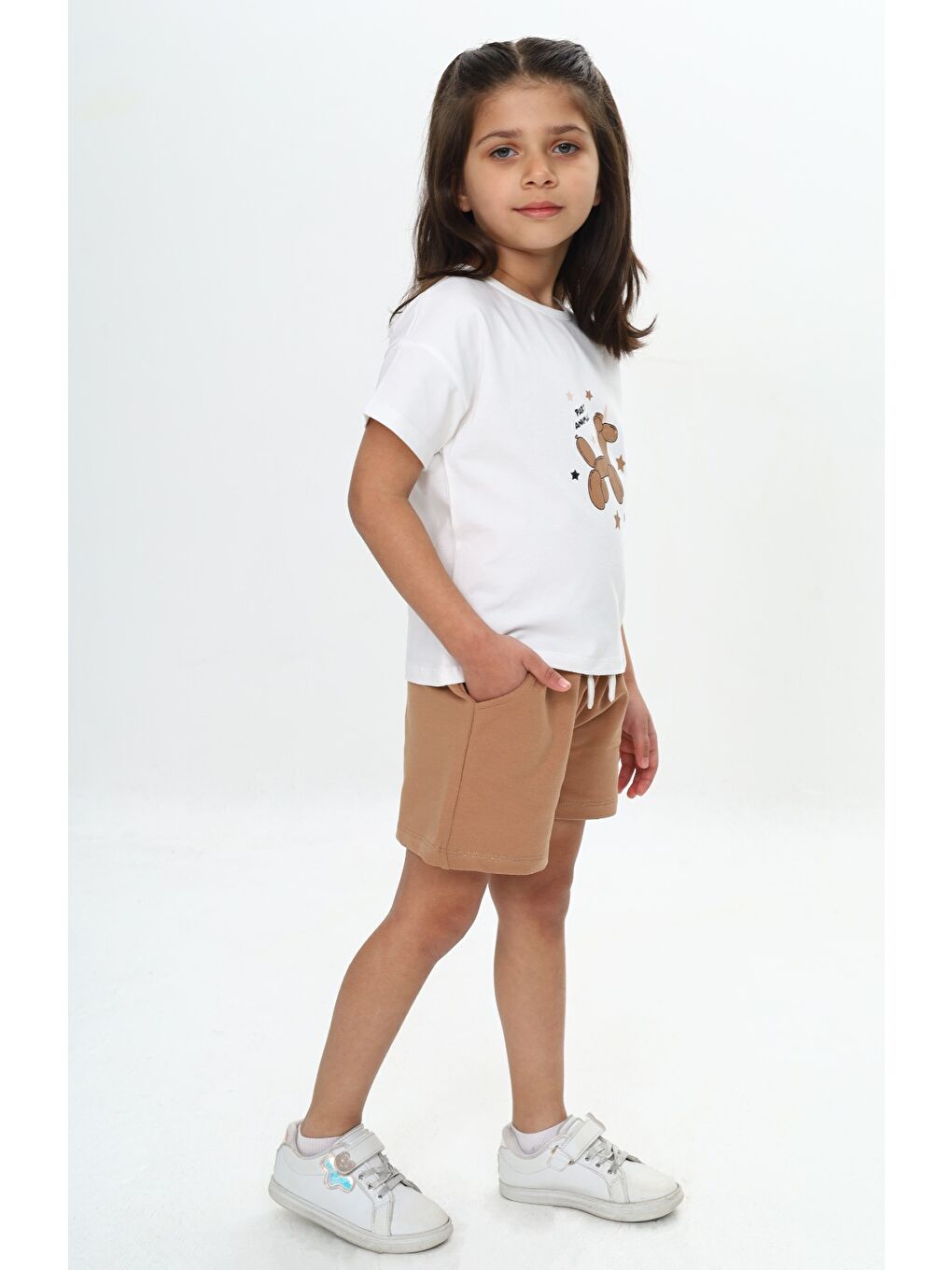 Kahverengi Kız Çocuk Anımal Balon Baskılı Şortlu Takım-3