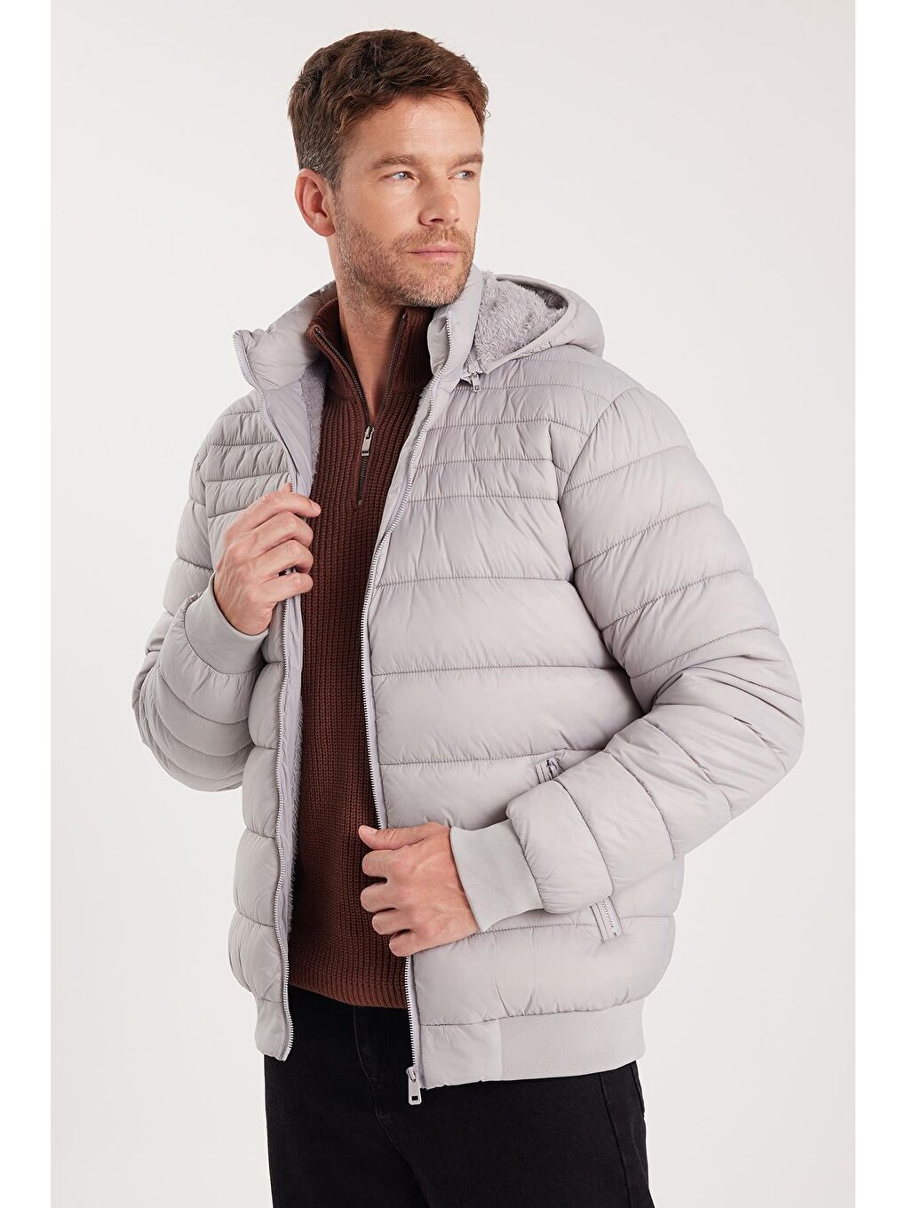 Erkek Relax Fit Rahat Kesim Çift Cepli Kapüşonlu Sıcak Tutan İçi Kürklü Gri Mont-1