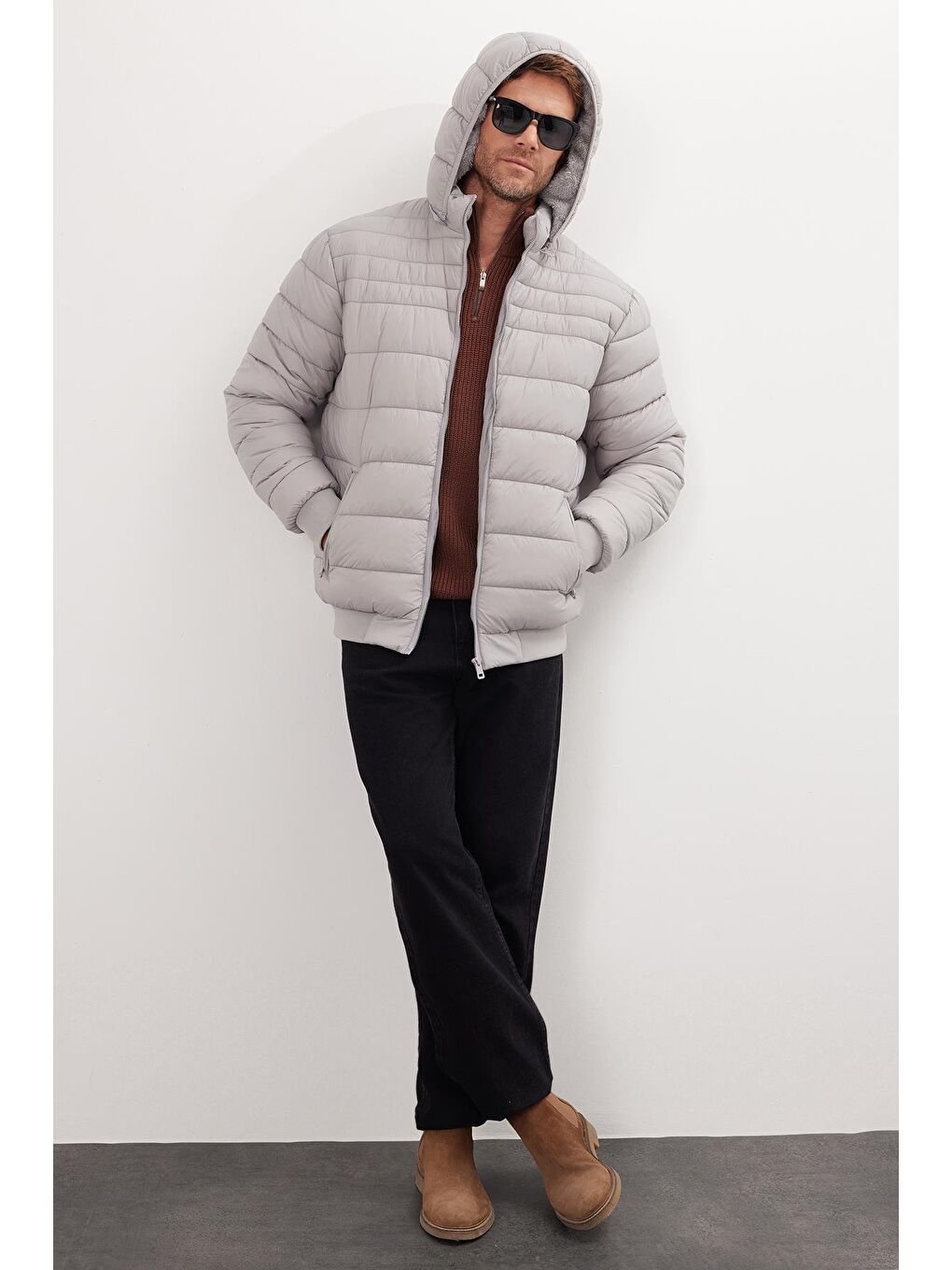 Erkek Relax Fit Rahat Kesim Çift Cepli Kapüşonlu Sıcak Tutan İçi Kürklü Gri Mont-3